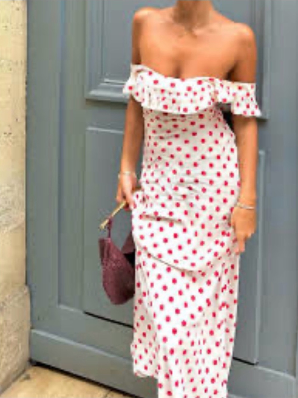 Commense Sweetie Polka Dot Ruffle Hem Off-Shoulder Long Dress